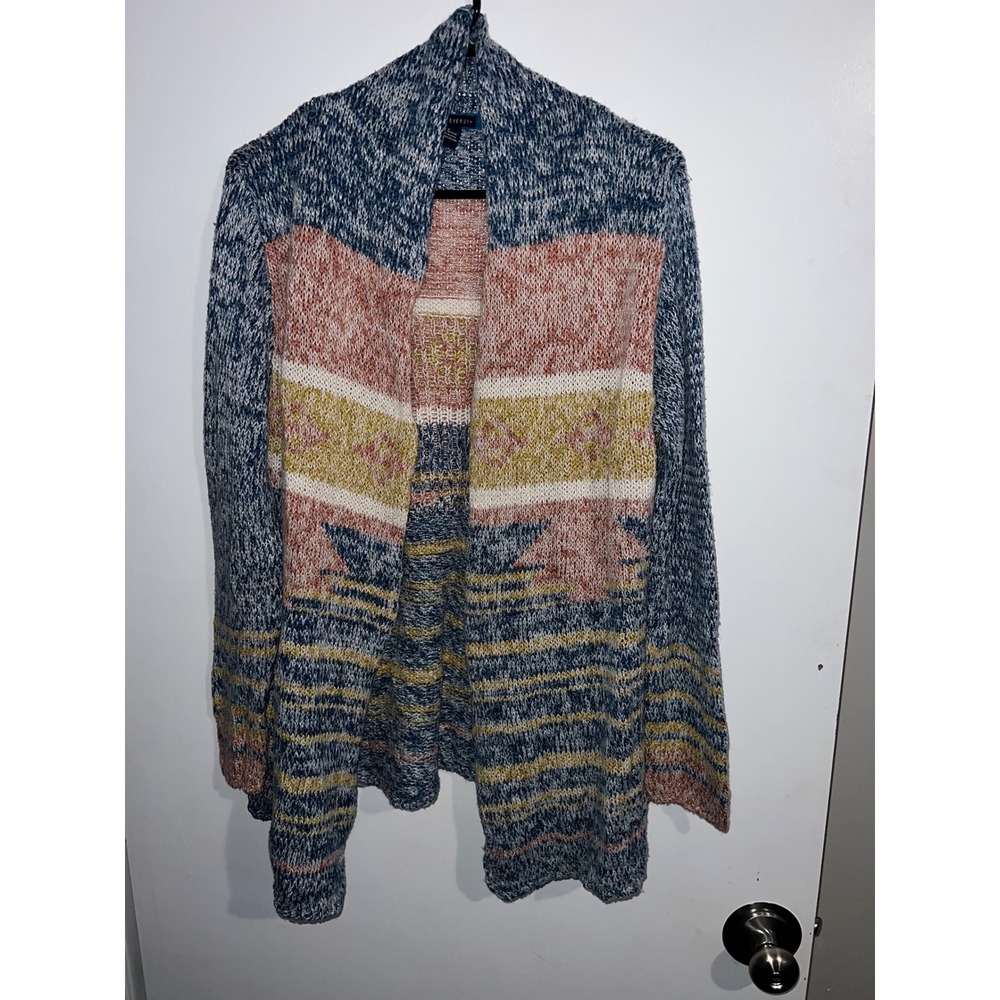 Forever 21 Womens Blue Pink Southwestern Open Front Cardigan Sweater Size M